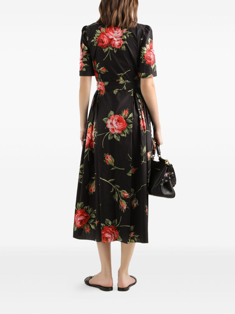 Dolce & Gabbana - floral-print belted midi dress in black... | Urbalenti™ NYC