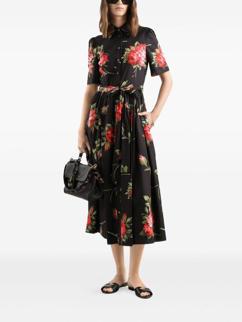 Dolce & Gabbana - floral-print belted midi dress in black... | Urbalenti™ NYC