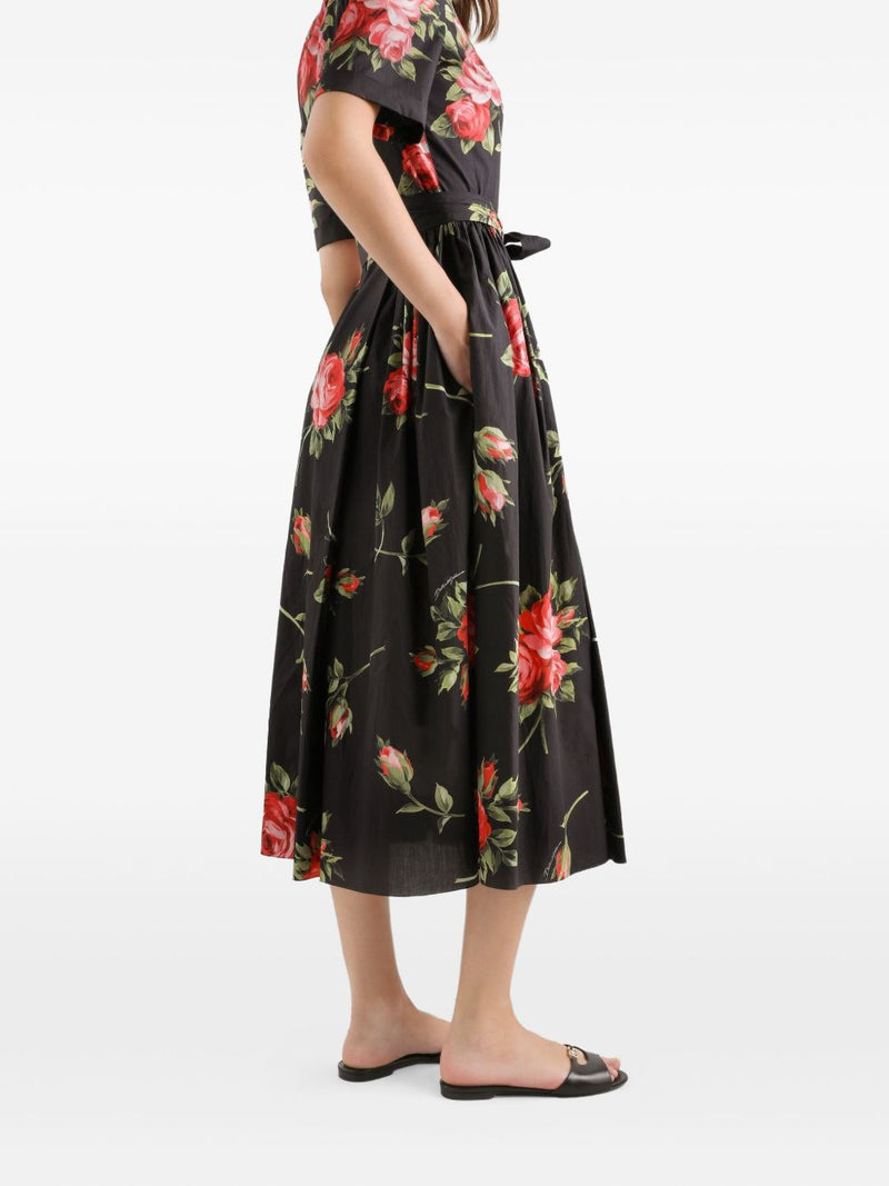 Dolce & Gabbana - floral-print belted midi dress in black... | Urbalenti™ NYC