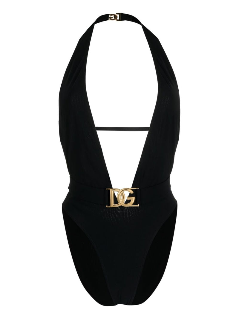 Dolce & Gabbana Dolce & Gabbana-black plunge-neck belted one-piece swimsuit