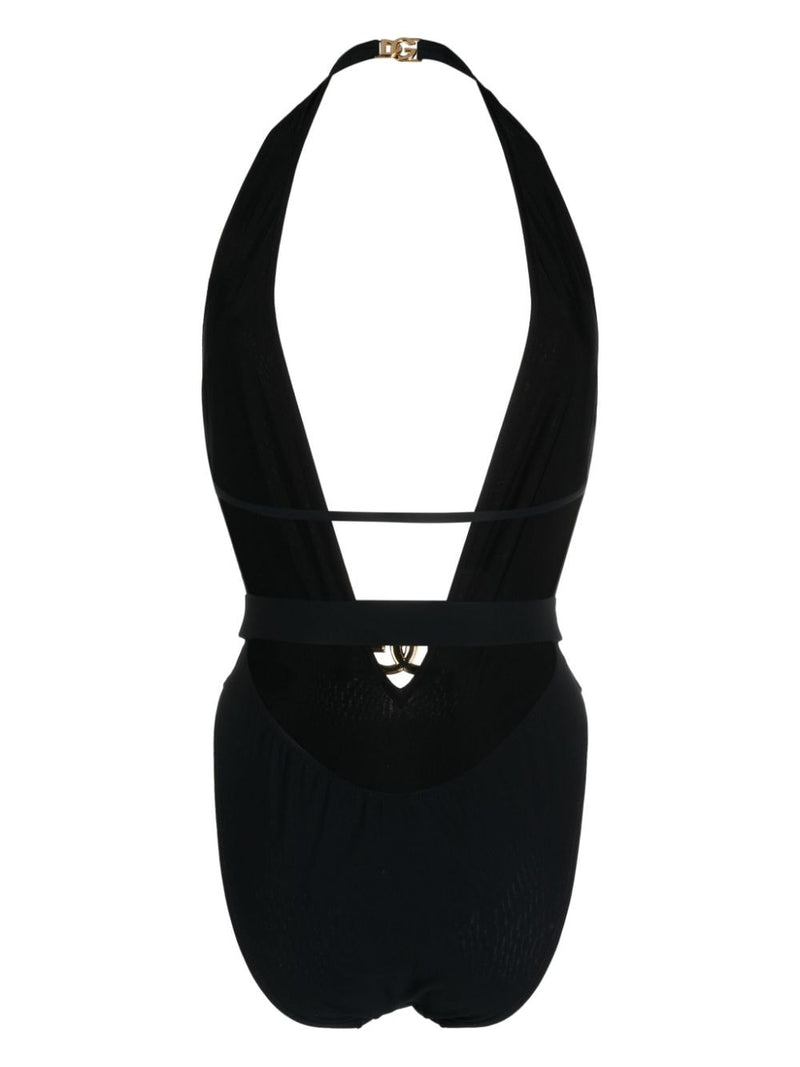 Dolce & Gabbana Dolce & Gabbana-black plunge-neck belted one-piece swimsuit