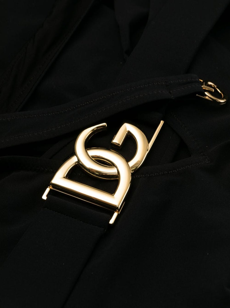 Dolce & Gabbana Dolce & Gabbana-black plunge-neck belted one-piece swimsuit