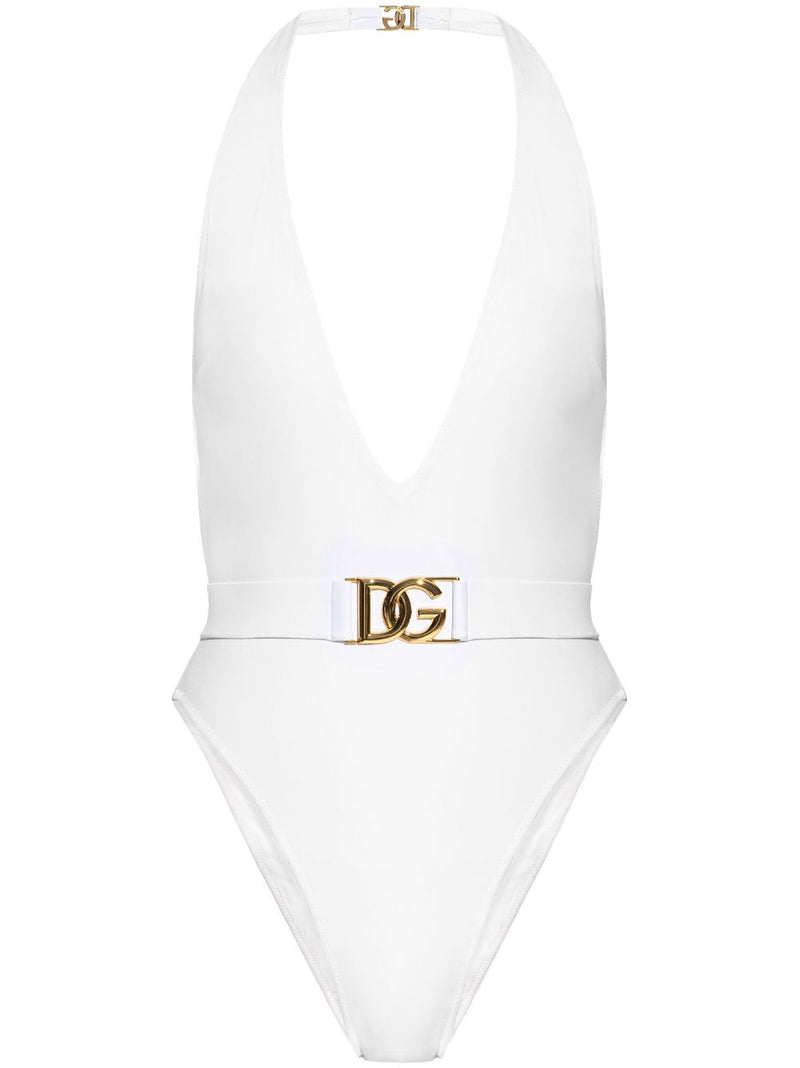 Dolce & Gabbana Dolce & Gabbana-white plunge-neck belted one-piece swimsuit