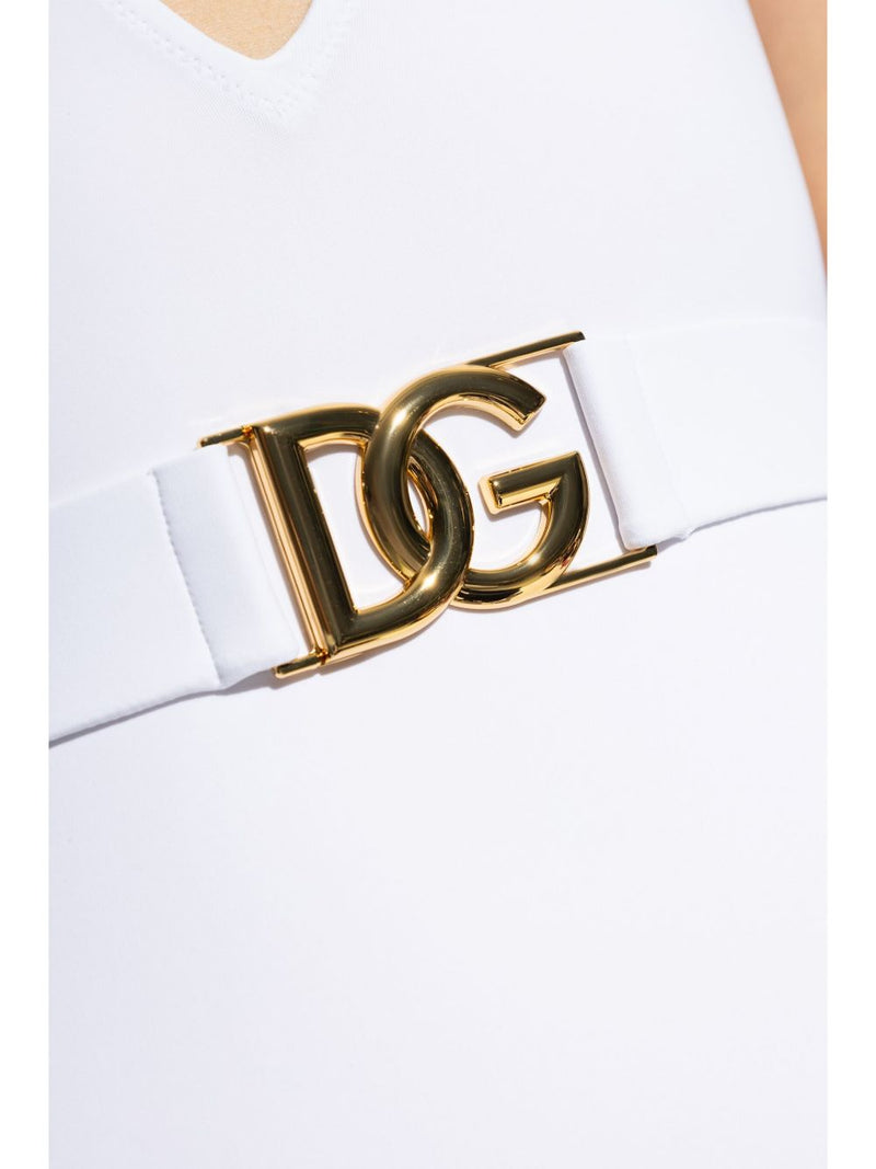 Dolce & Gabbana Dolce & Gabbana-white plunge-neck belted one-piece swimsuit