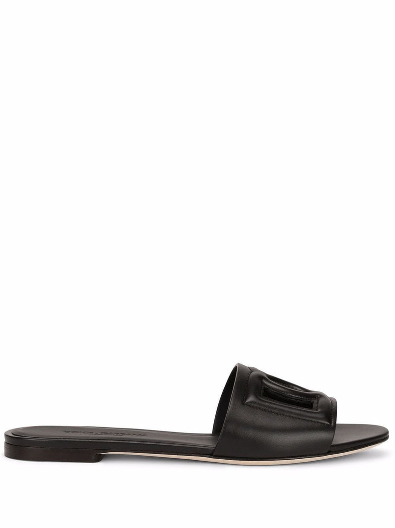 Dolce & Gabbana -DG logo leather flat slides in black calfskin | Urbalen... | Urbalenti™ NYC