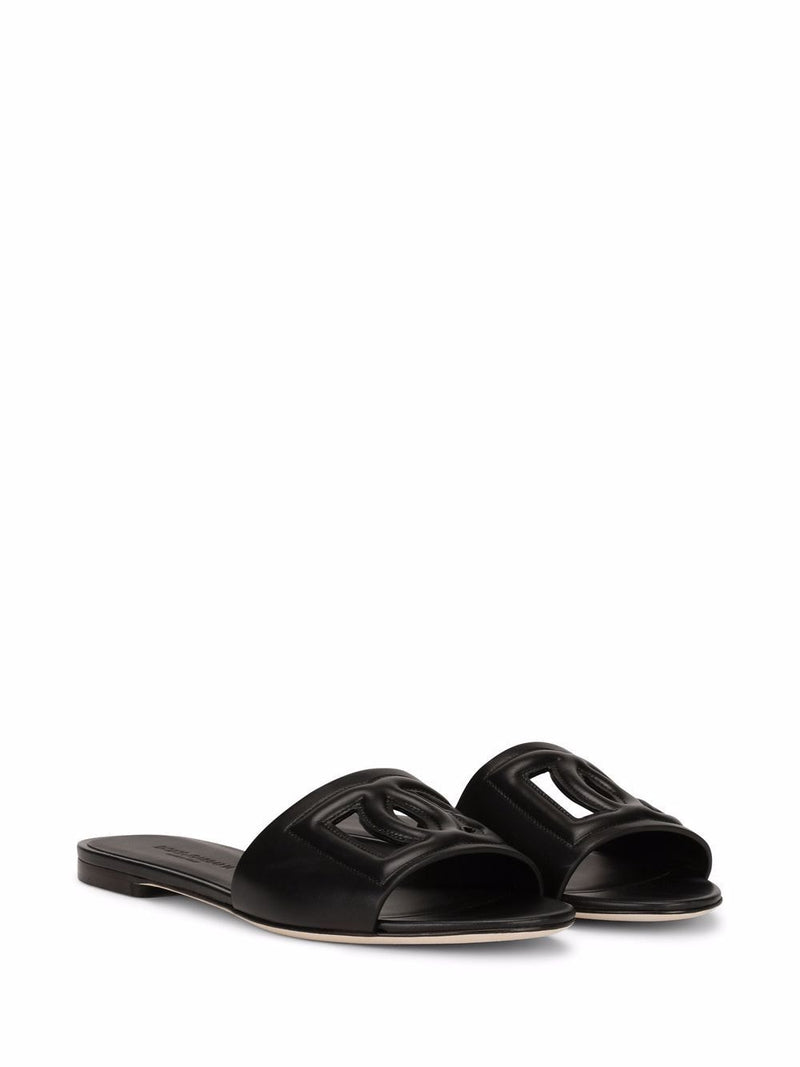 Dolce & Gabbana -DG logo leather flat slides in black calfskin | Urbalen... | Urbalenti™ NYC