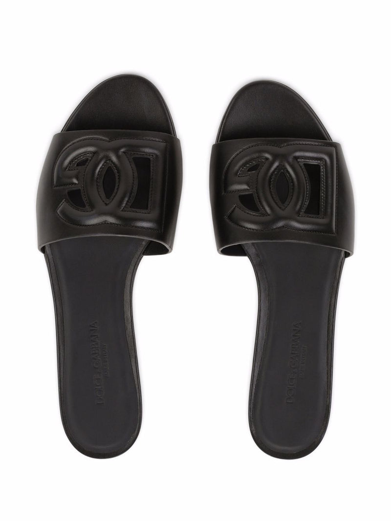 Dolce & Gabbana -DG logo leather flat slides in black calfskin | Urbalen... | Urbalenti™ NYC