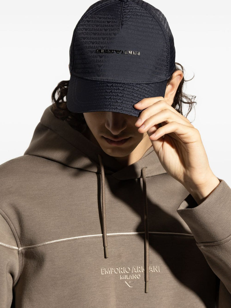 Emporio Armani Baseball Hat In Jacquard Nylon With All-Over Lettering Logo | Urbalenti™ NYC