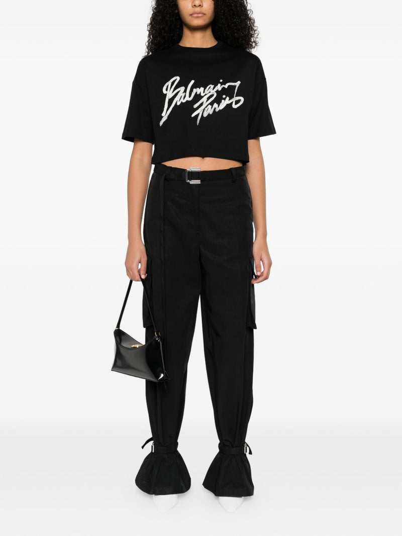 Balmain Balmain Cropped T-shirt with flocked Letter logo
