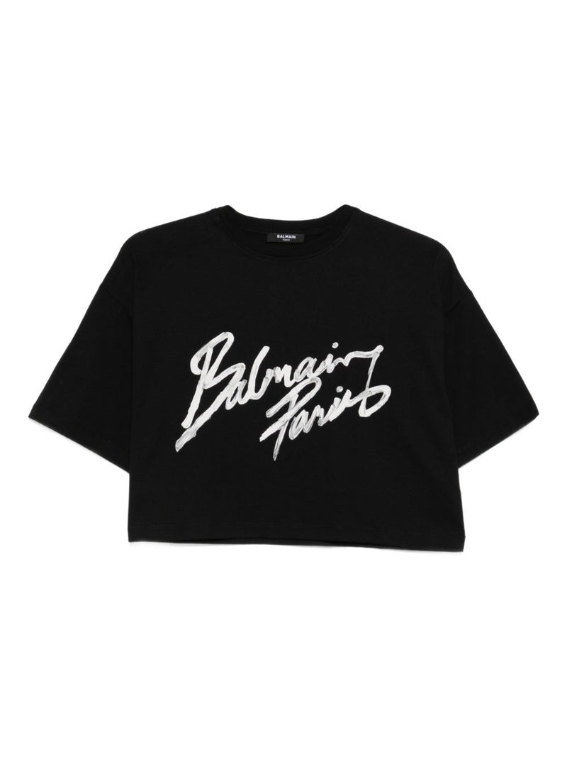 Balmain Balmain Cropped T-shirt with flocked Letter logo