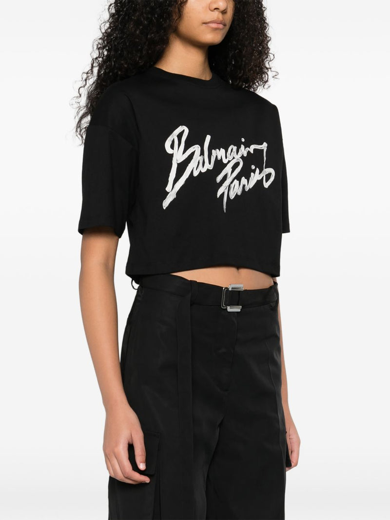 Balmain Balmain Cropped T-shirt with flocked Letter logo