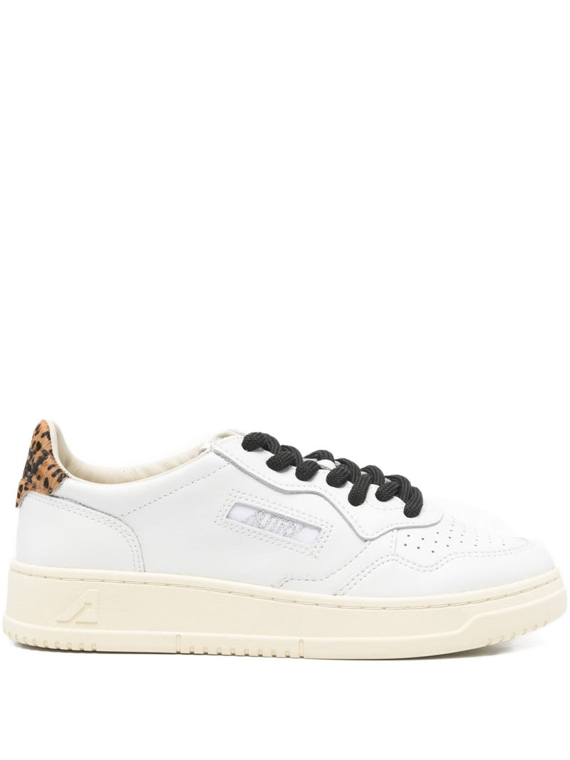 Autry Medalist Low Leather Sneakers in color white and leopard | Urbalenti™ NYC