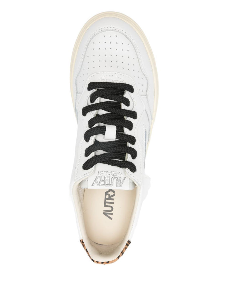 Autry Medalist Low Leather Sneakers in color white and leopard | Urbalenti™ NYC
