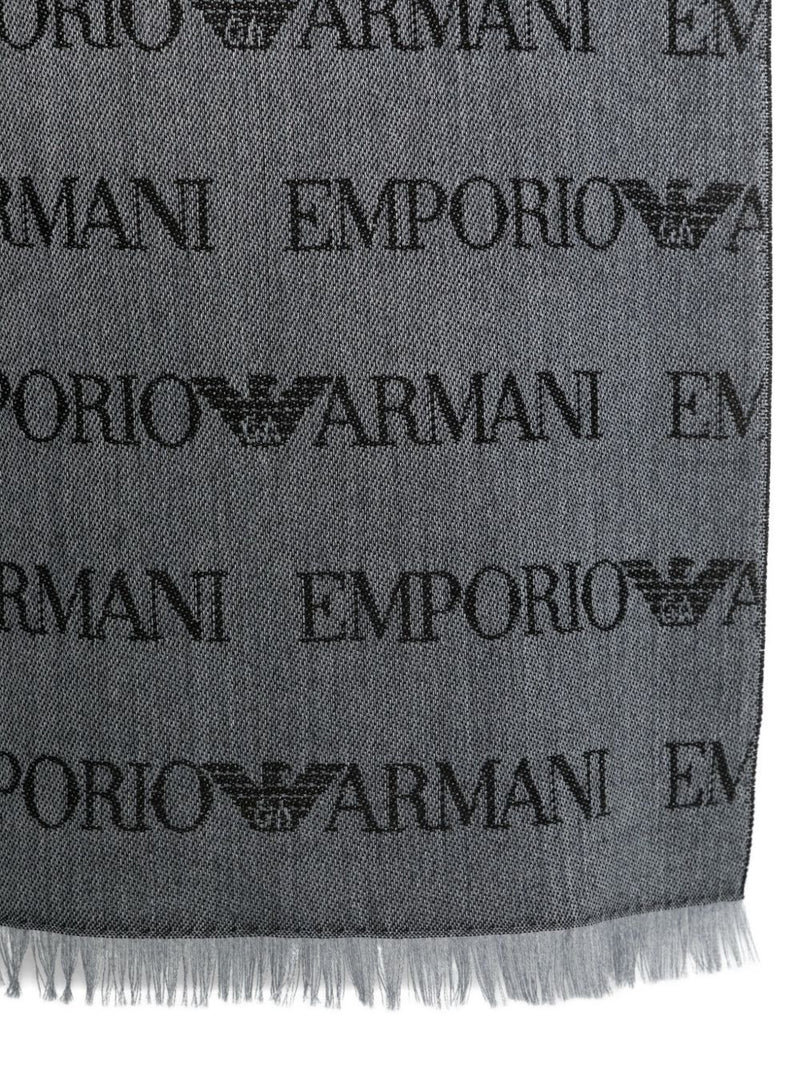 Emporio Armani Virgin Wool Blend Scarf With Jacquard Lettering Logo And Fringes | Urbalenti™ NYC