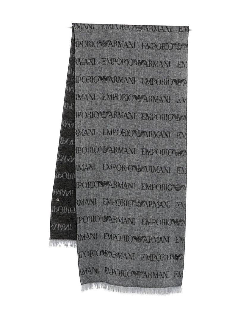 Emporio Armani Virgin Wool Blend Scarf With Jacquard Lettering Logo And Fringes | Urbalenti™ NYC