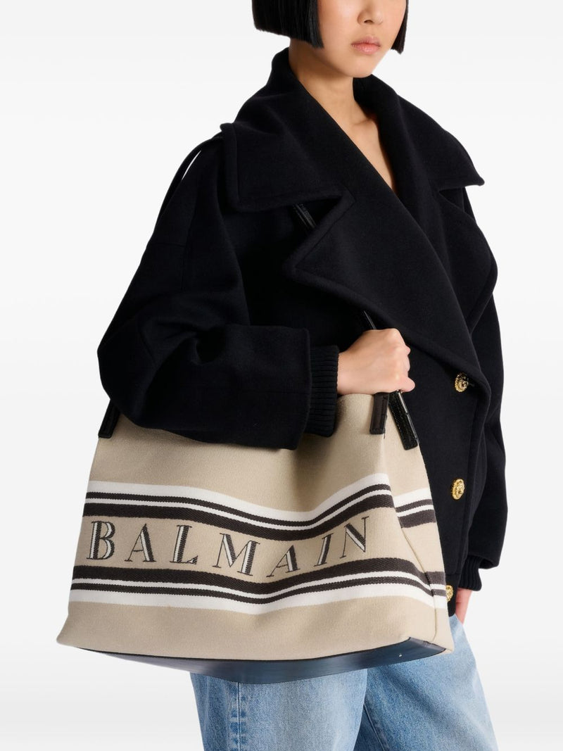 Balmain Balmain Medium Release Shopper Bag In Canvas And Calfskin