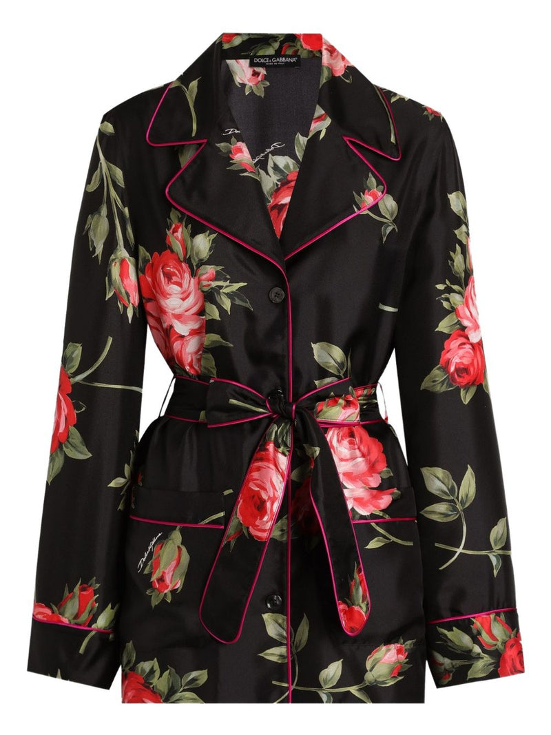 Dolce & Gabbana -black silk floral-print belted shirt | Urbalenti™ NYC