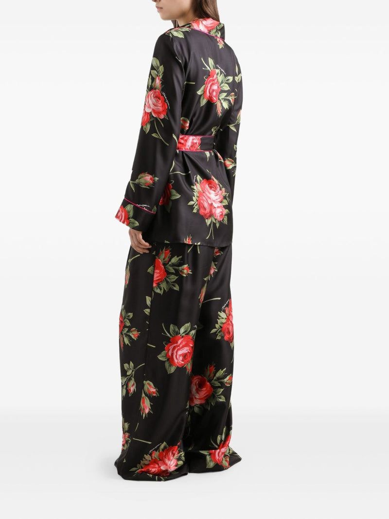 Dolce & Gabbana -black silk floral-print belted shirt | Urbalenti™ NYC