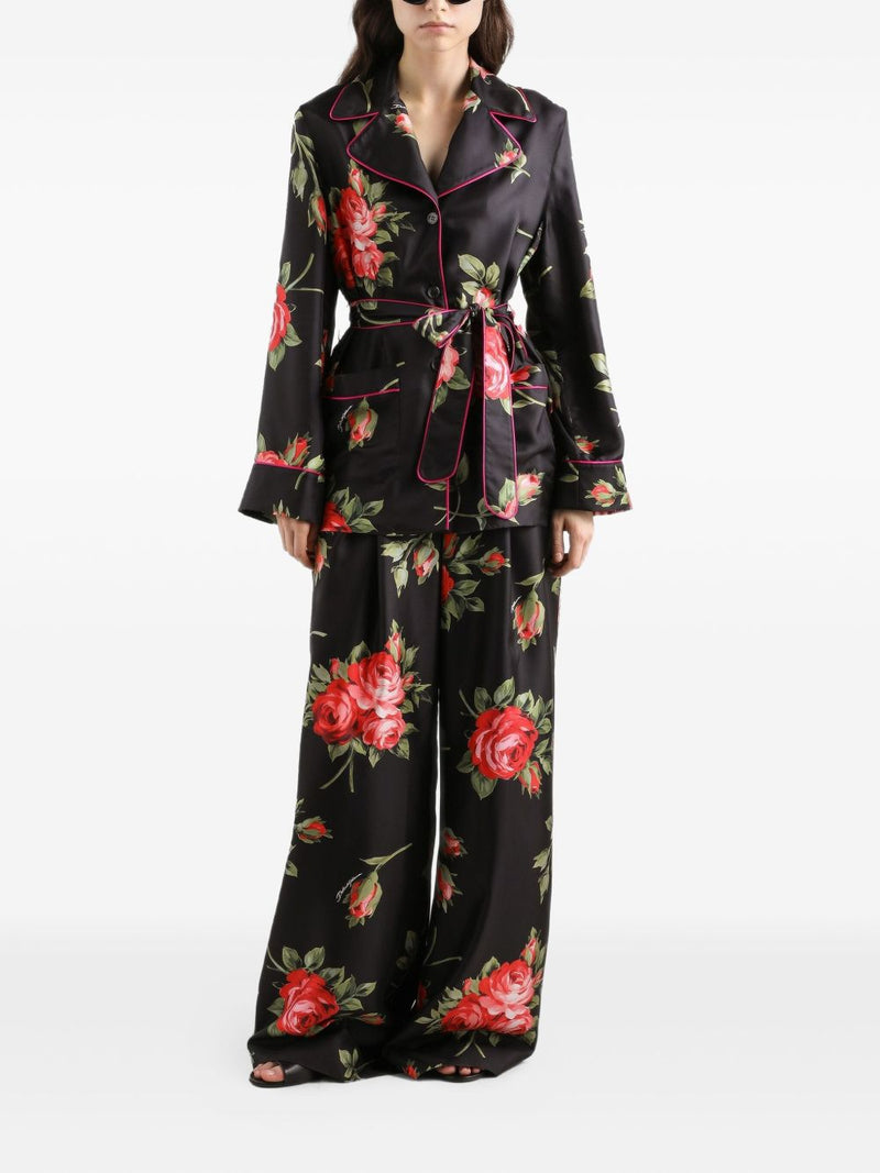 Dolce & Gabbana -black silk floral-print belted shirt | Urbalenti™ NYC