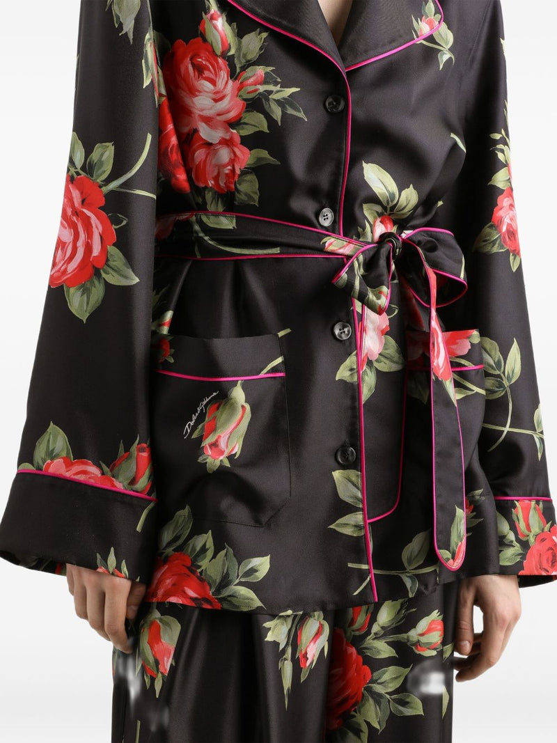 Dolce & Gabbana -black silk floral-print belted shirt | Urbalenti™ NYC