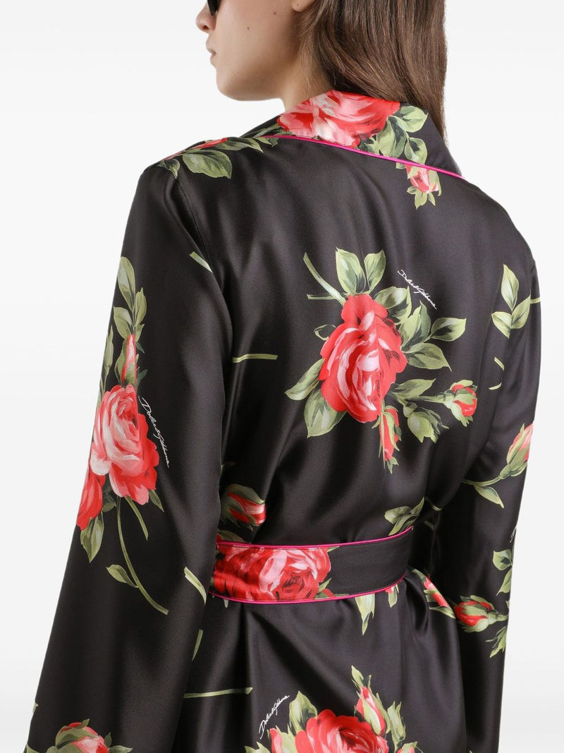 Dolce & Gabbana -black silk floral-print belted shirt | Urbalenti™ NYC