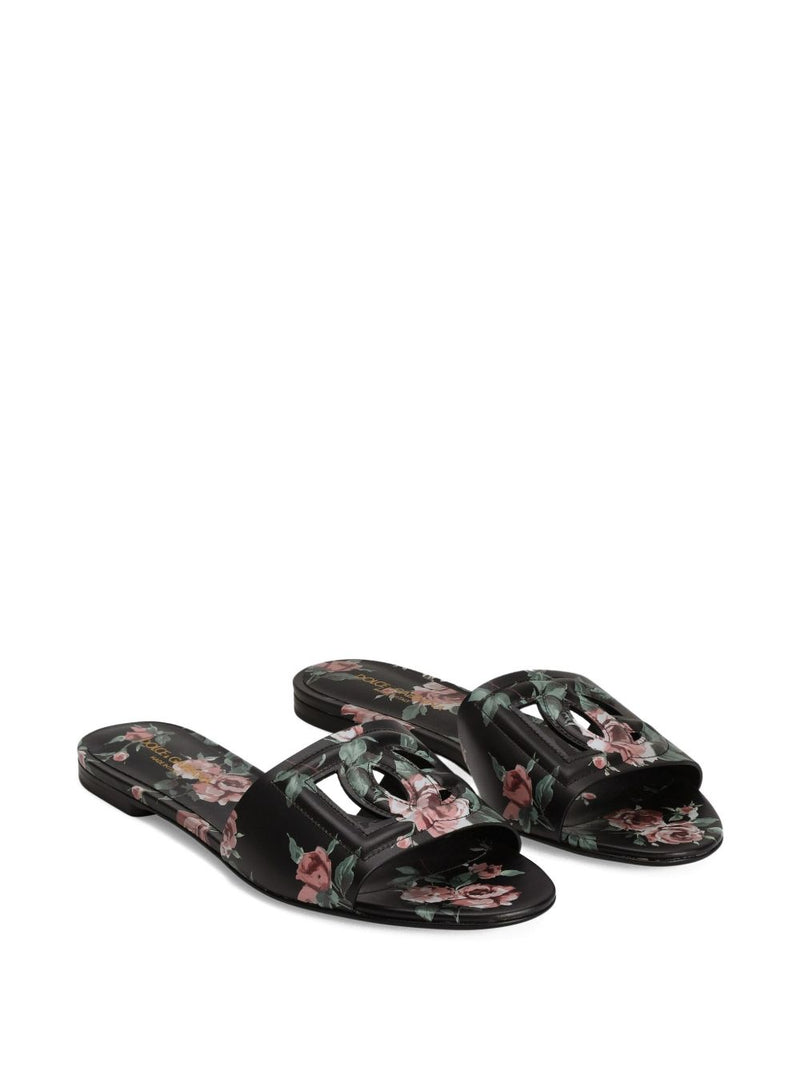 Dolce & Gabbana -DG black floral print slide sandals | Urbalenti™ NYC