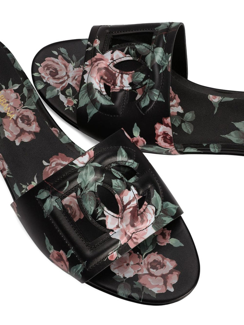 Dolce & Gabbana -DG black floral print slide sandals | Urbalenti™ NYC