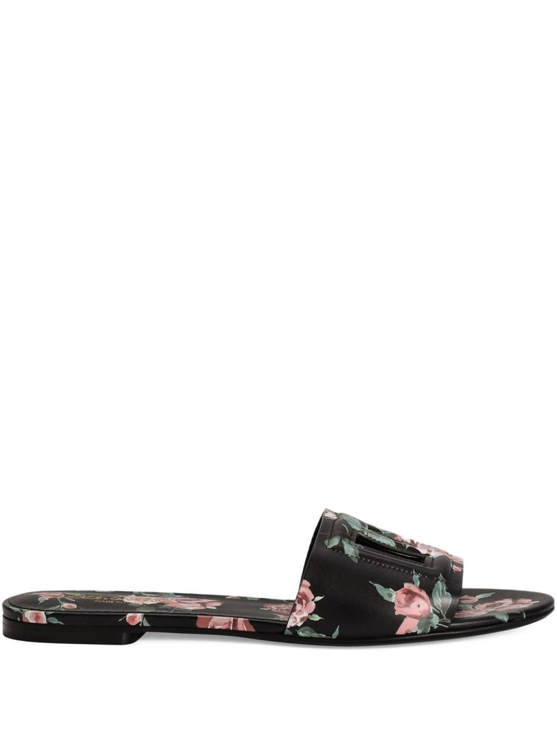 Dolce & Gabbana -DG black floral print slide sandals | Urbalenti™ NYC