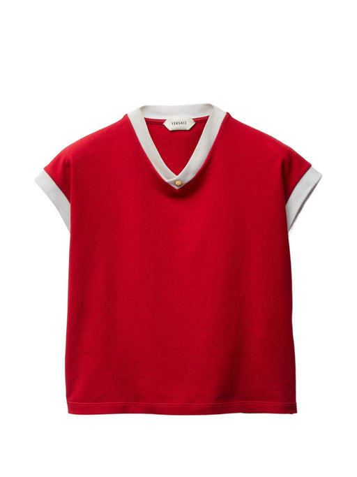 Versace T-shirts Versace T-shirts and Polos Red | URBALENTI NYC — LDin, Spring - Summer 2026, Women, Women > Clothing, Women > Clothing > Topwear, Yes Eu; red cotton V-neck t-shirt with gold-tone button detail and white-trim collar