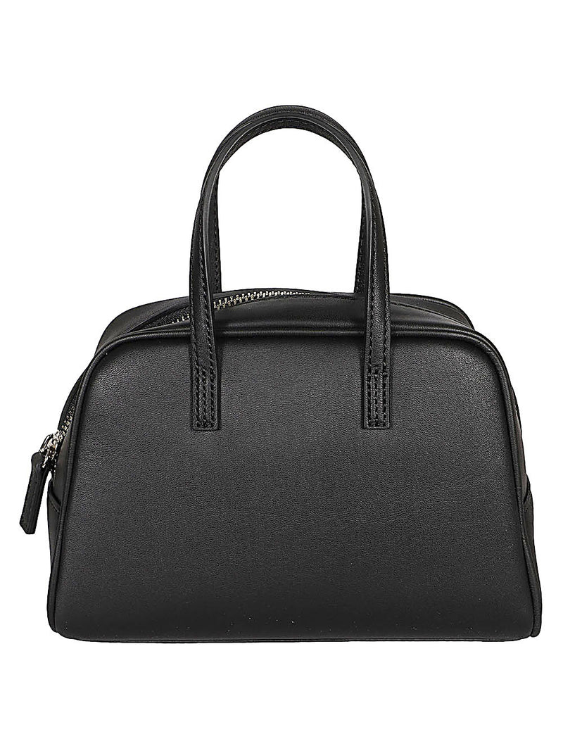 032C Black Leather Mini Boston Handbag with Zip Closure and Internal Pocket, 18x14x6 cm