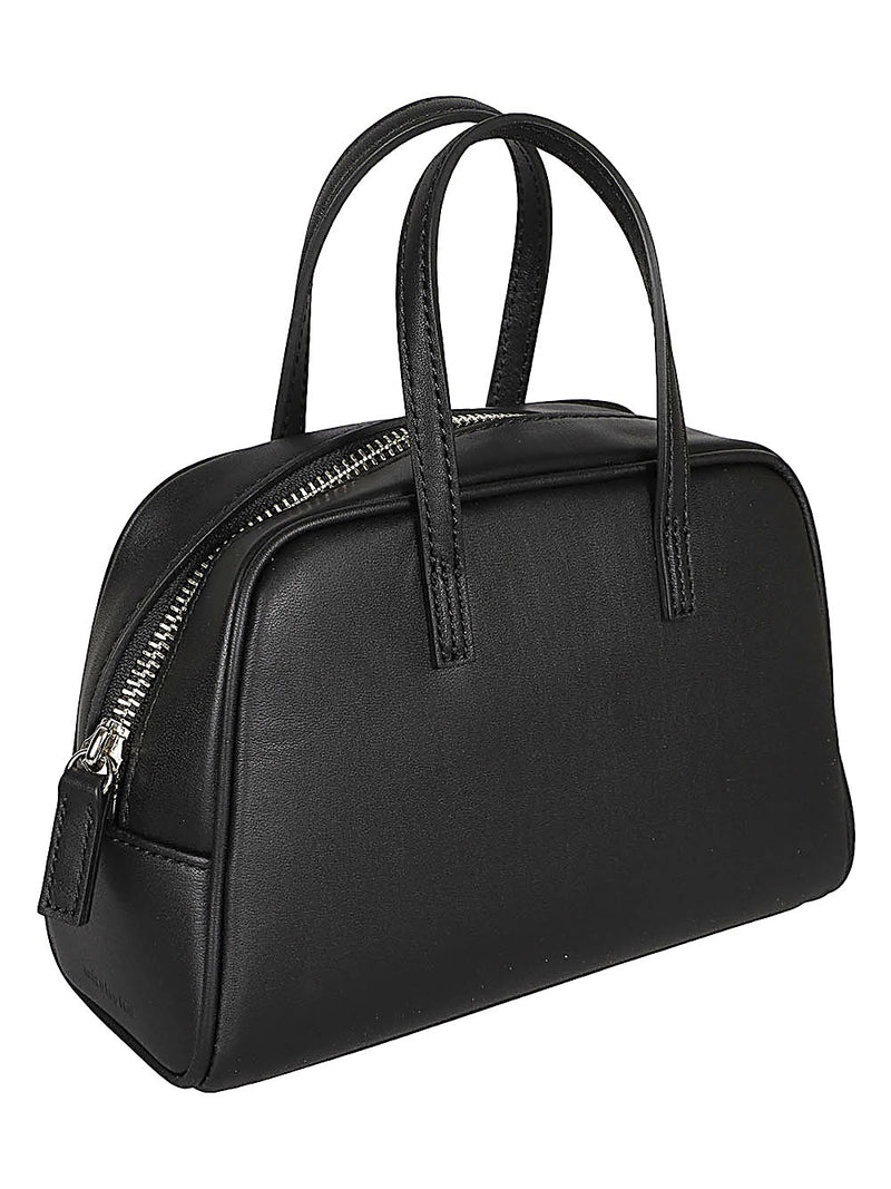 032C Black Leather Mini Boston Handbag with Zip Closure and Internal Pocket, 18x14x6 cm