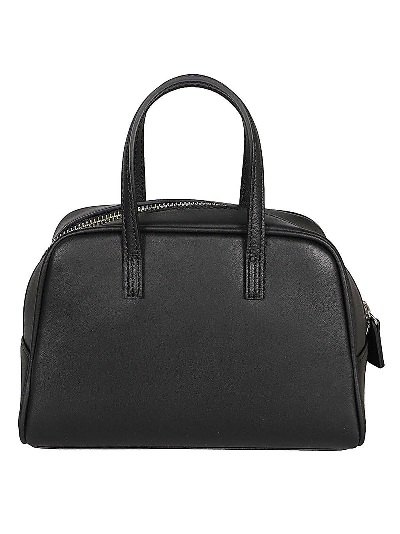 032C Black Leather Mini Boston Handbag with Zip Closure and Internal Pocket, 18x14x6 cm