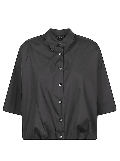 Stylish black 032C MIZUIRO Cotton Half-Sleeve Shirt featuring a unique balloon silhouette and gathered hem, perfect for modern fashion enthusiasts. Available at Urbalenti™ NYC.