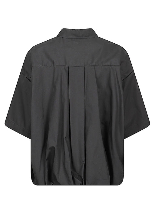 Back view of the 032C MIZUIRO Cotton Half-Sleeve Shirt featuring a stylish balloon silhouette and gathered hem, showcasing the unique design perfect for contemporary fashion enthusiasts.