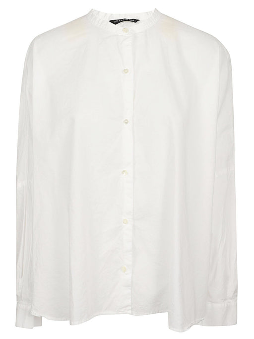Front view of the 032C Mizuiro Embroidered Cotton Shirt with Stand Collar & Rounded Back Design, showcasing its elegant button-up style and modern silhouette.
