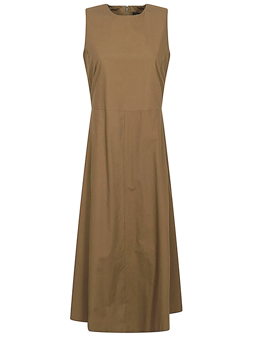 Front view of the 032C MIZUIRO Elegant Sleeveless Long Flared Cotton Dress, showcasing its sophisticated design and flattering silhouette, perfect for modern women.