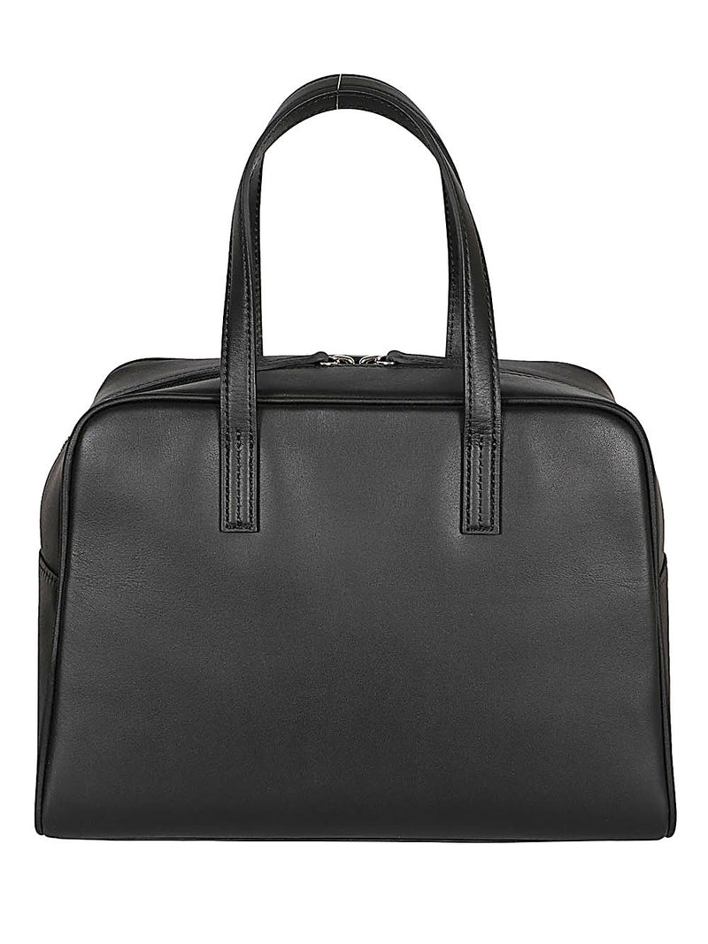 032C Black Leather Boston Handbag with Zip Closure and Internal Pocket - Medium Size 26x20x8cm