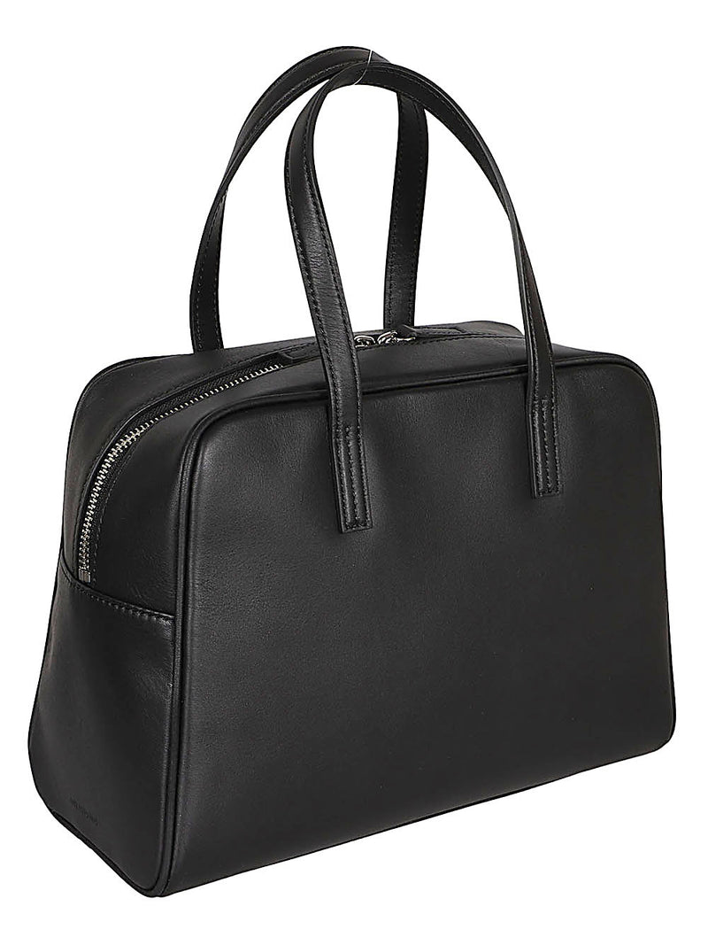032C Black Leather Boston Handbag with Zip Closure and Internal Pocket - Medium Size 26x20x8cm