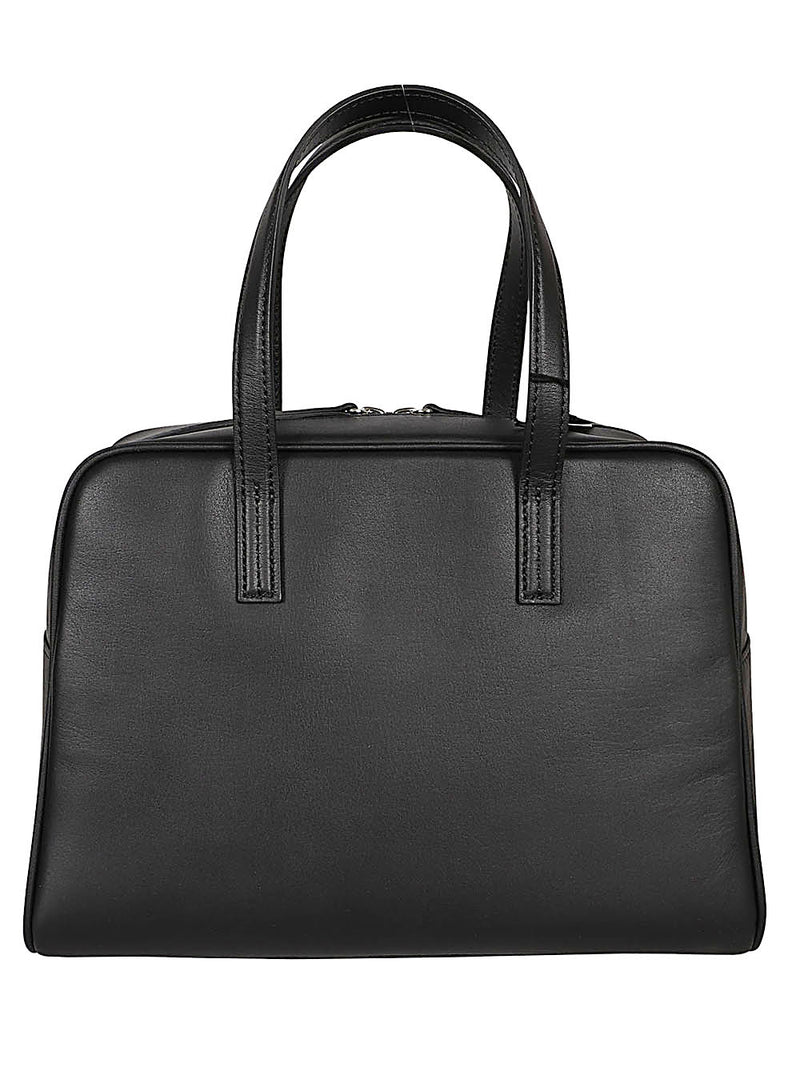 032C Black Leather Boston Handbag with Zip Closure and Internal Pocket - Medium Size 26x20x8cm
