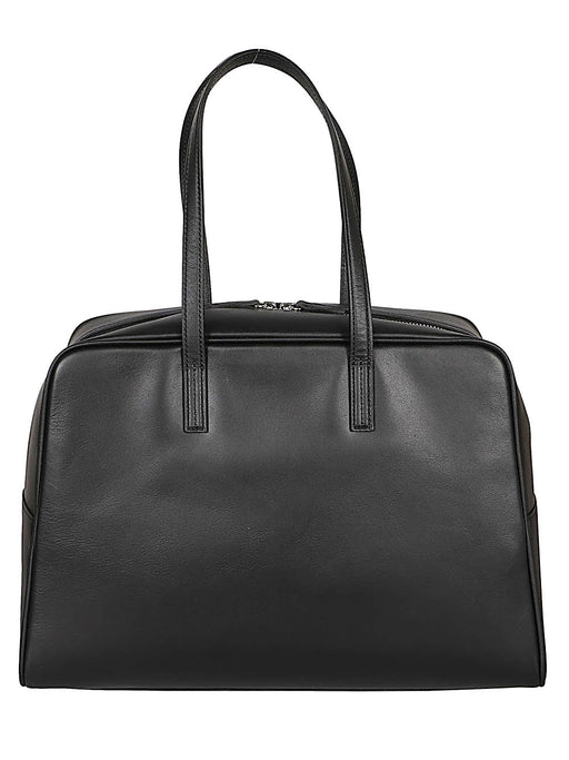 Front view of the 032C Large Black Leather Boston Handbag with Zip Closure & Internal Pocket - 35x30x10 cm | Urbalenti™ NYC, showcasing its sleek design and premium black leather.