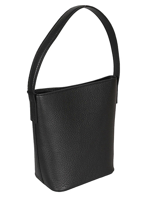 Side view of 032C Black Leather Handbag With Magnetic Closure, Internal Pocket - 23Cm Width, 24Cm Height, highlighting its minimalist style and elegant silhouette.