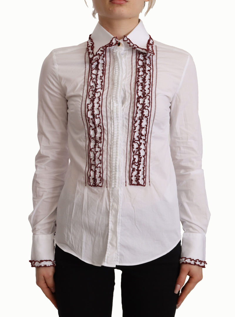 Camisa de algodón blanco con encaje, mangas largas y cuello con volantes Dolce & Gabbana