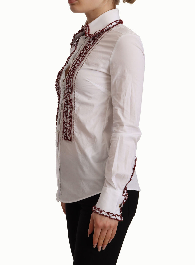 Camisa de algodón blanco con encaje, mangas largas y cuello con volantes Dolce & Gabbana