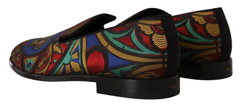 Dolce & Gabbana Multicolor Jacquard Crown Slippers Loafers Shoes