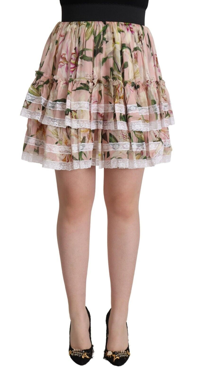 Saia curta rosa de seda com estampa de lírios e camadas em linha A Dolce & Gabbana