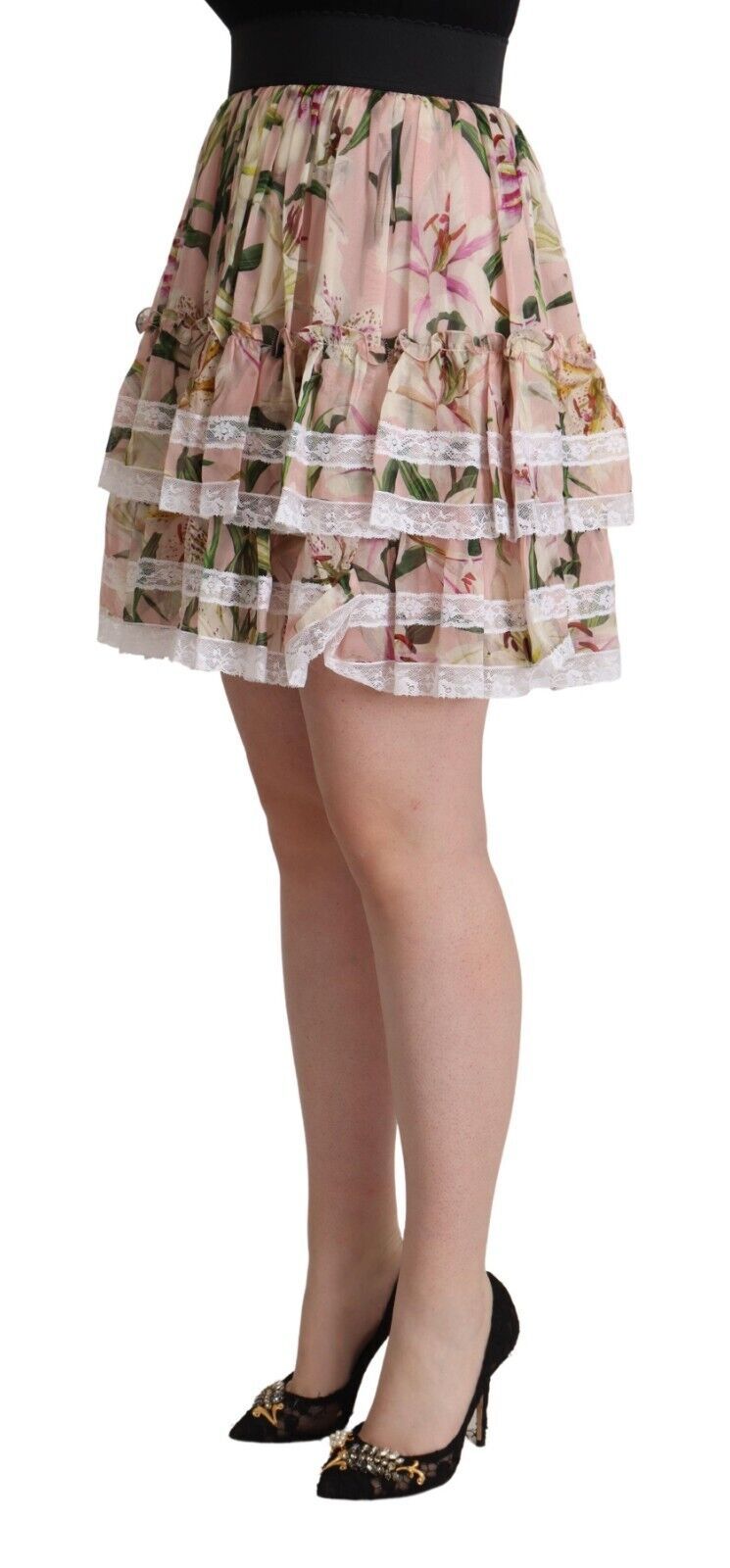 Saia curta rosa de seda com estampa de lírios e camadas em linha A Dolce & Gabbana