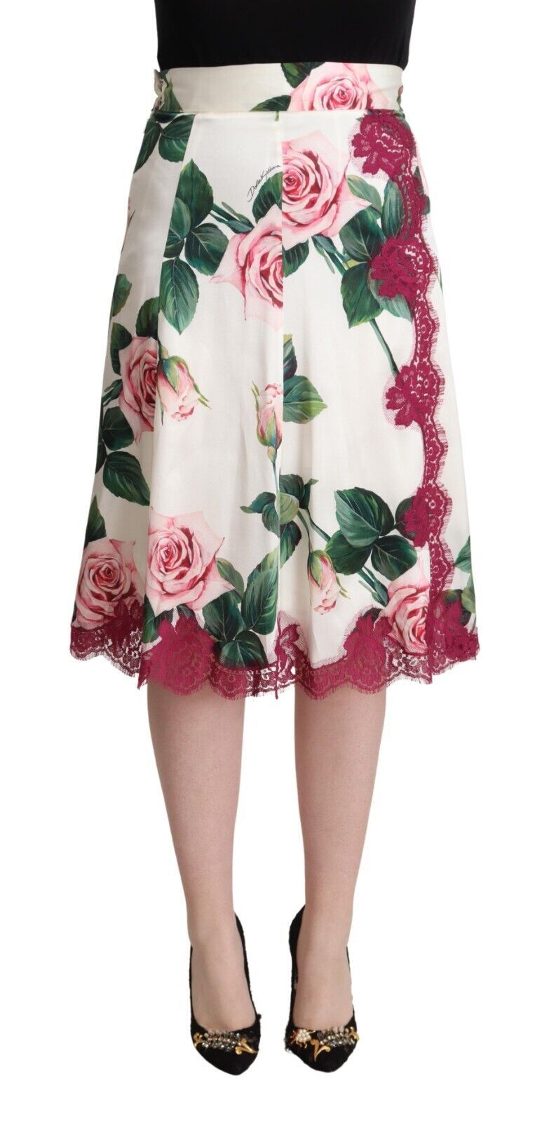 Jupe midi trapèze taille haute à imprimé roses blanches Dolce & Gabbana