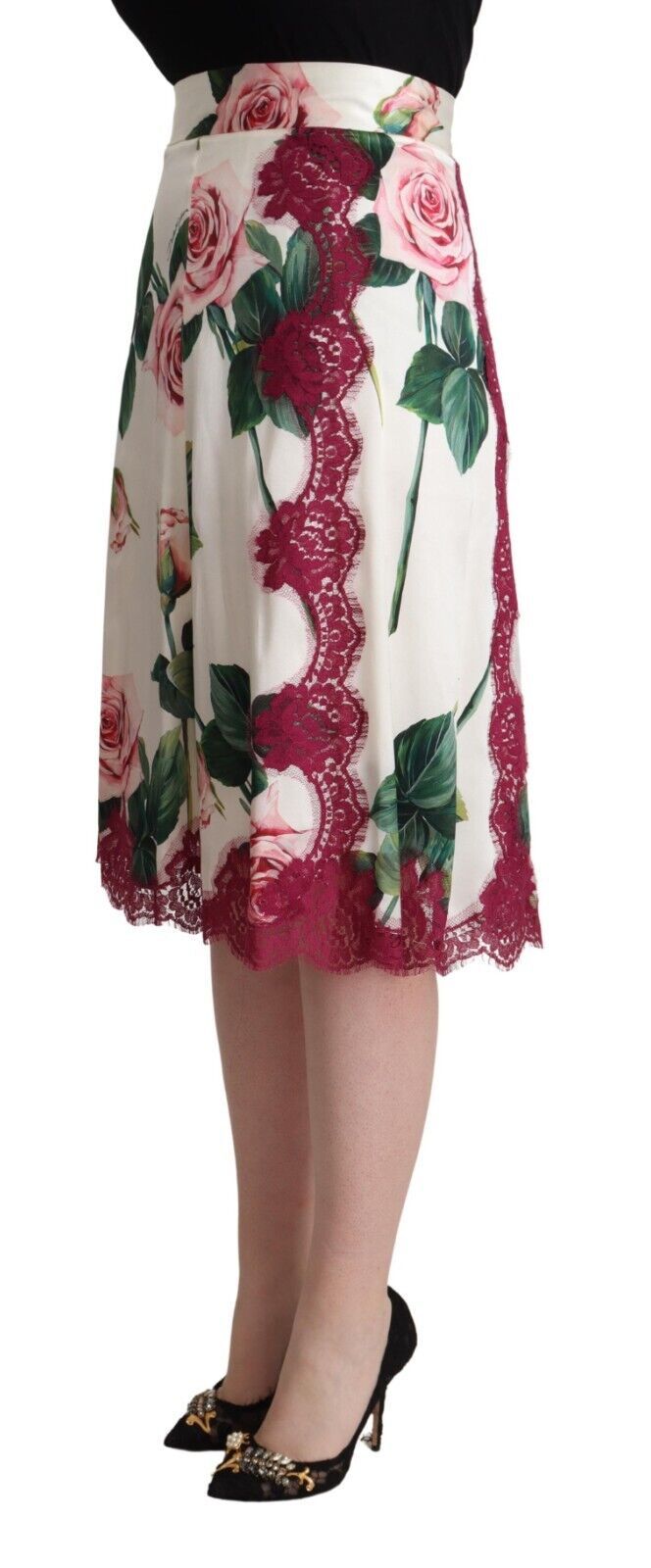 Jupe midi trapèze taille haute à imprimé roses blanches Dolce & Gabbana