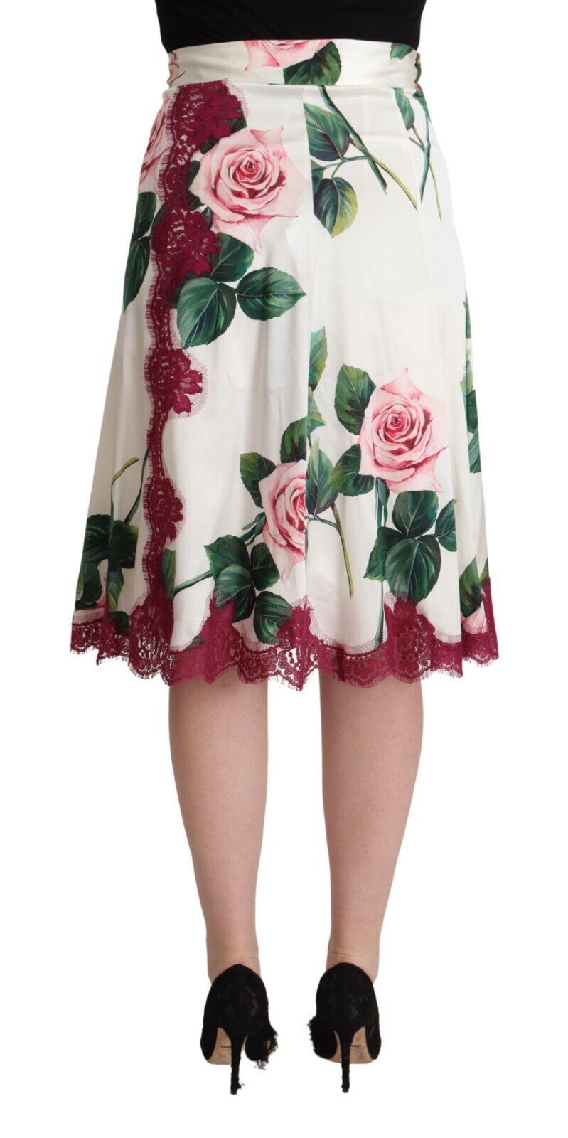 Jupe midi trapèze taille haute à imprimé roses blanches Dolce & Gabbana