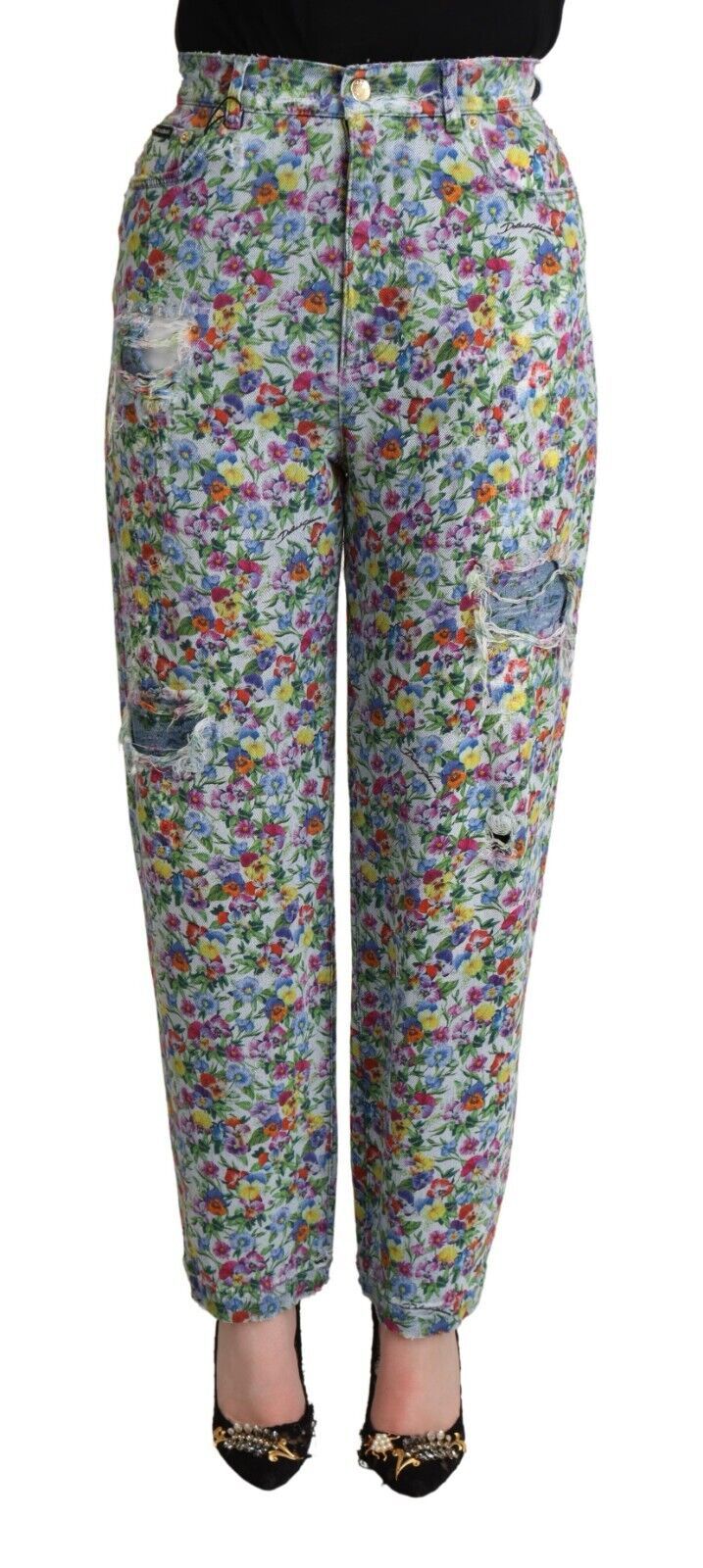 Jean fuselé taille haute en denim bleu à imprimé floral Dolce & Gabbana